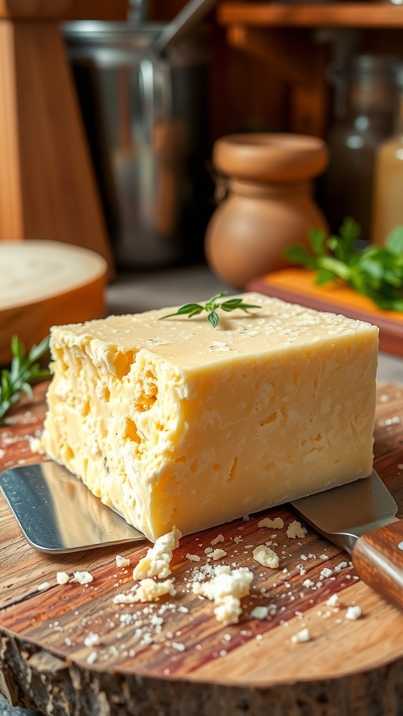 A block of homemade Parmesan cheese on a wooden board with shavings and a cheese knife.